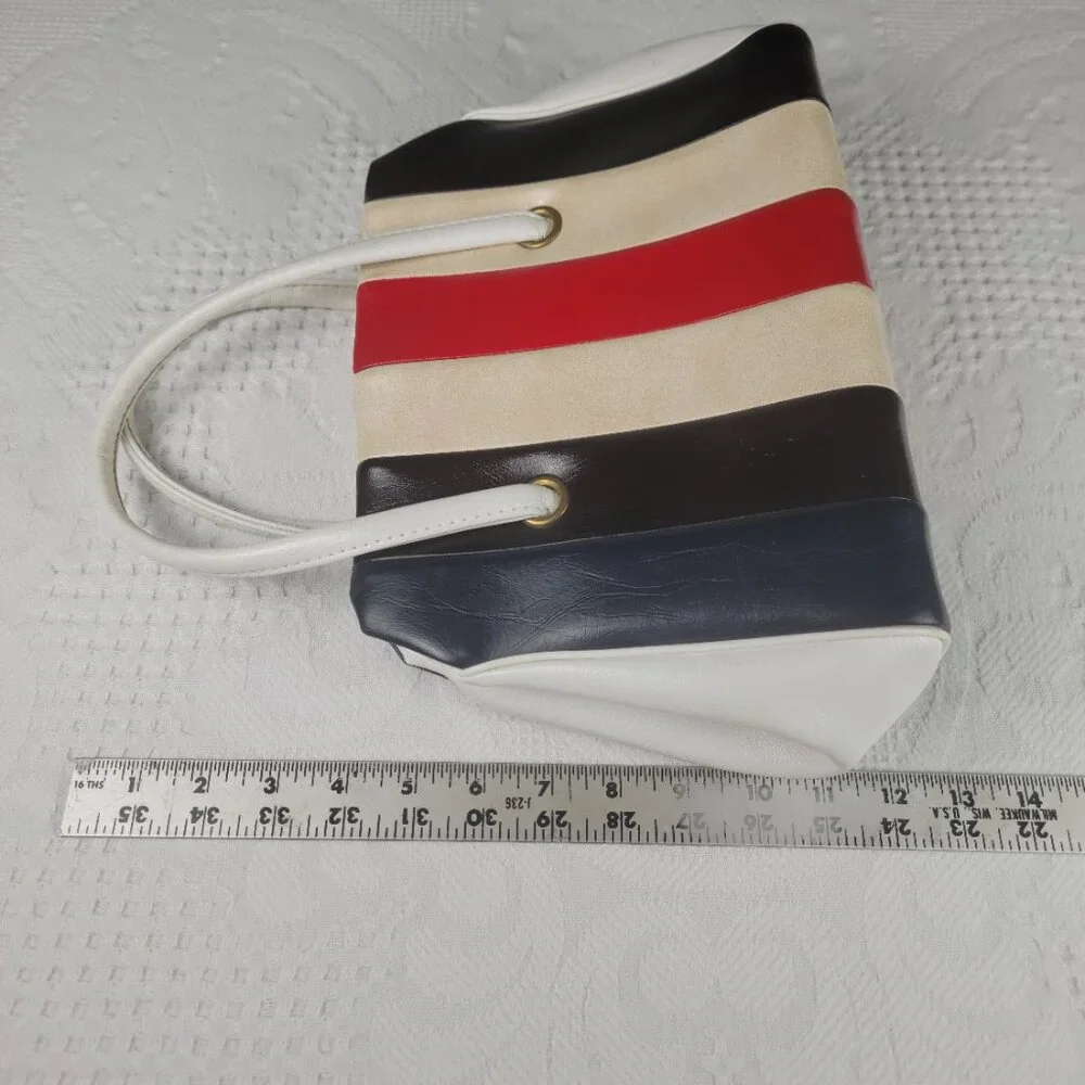 Vintage purse frame bag MCM classic white blue black cream red wide retro stripe - Picture 2 of 12